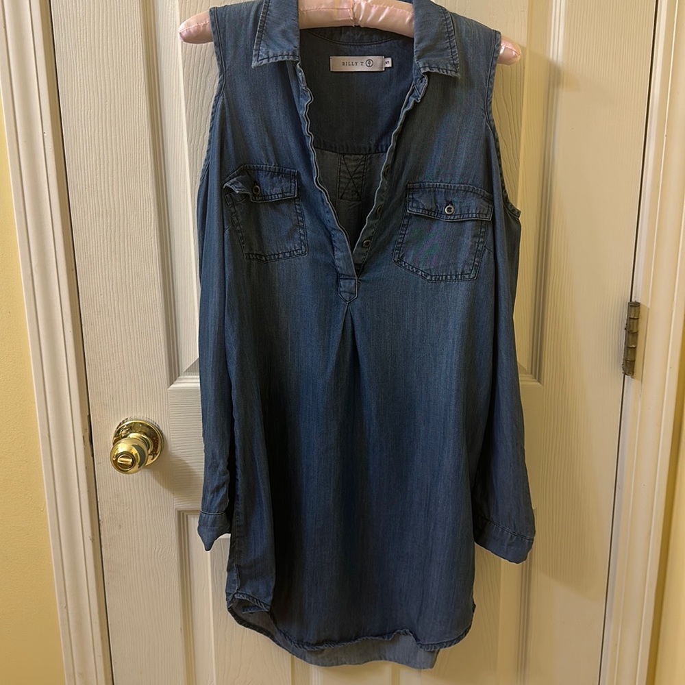 Billy T blue jean dress with cold shoulder on each side